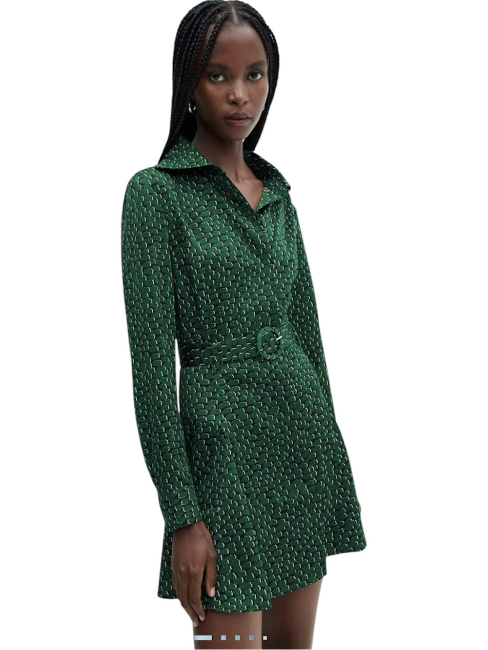 MANGO NWT Green Patterned Long-Sleeve Belted Dress size XS - Picture 1 of 7